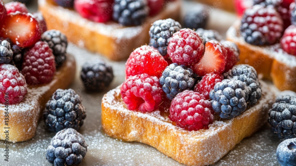 Poster A close-up of honey toast topped with a colorful assortment of berries and a dusting of powdered sugar, creating a vibrant and inviting dessert.