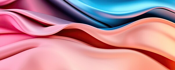 Obraz premium Surrealist art abstract background idea. Beautiful flowing fabric waves in vibrant pink, blue, and orange colors creating depth.