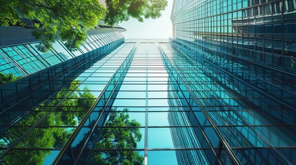 Modern glass skyscrapers reflecting green trees and blue sky, low angle view of contemporary architecture, urban cityscape