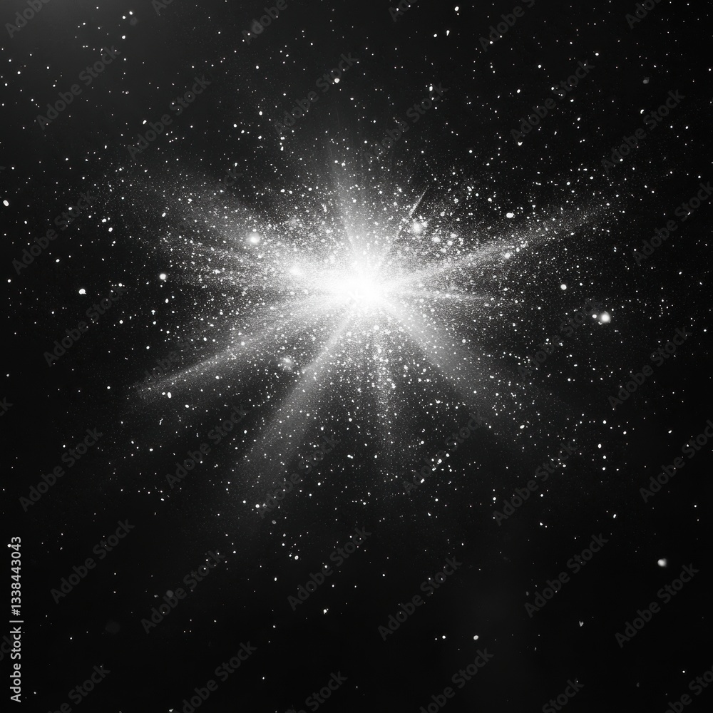Poster ethereal explosion of light and dust in vast cosmic space creating a celestial spectacle on black ba