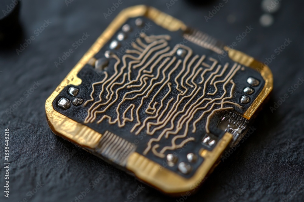 Poster Detailed view of a microchip showcasing intricate circuit patterns and metallic connections