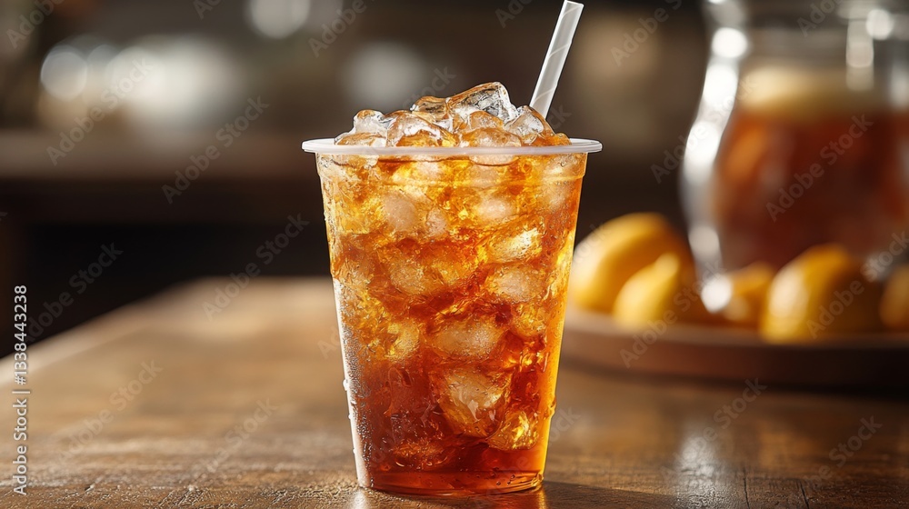 Poster a clear cup filled with iced tea sits on a wooden table, glistening with condensation. the backgroun
