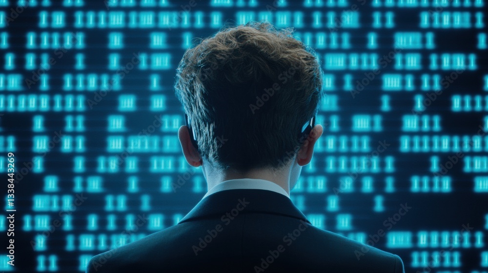 Poster man observing digital codes on a screen.
