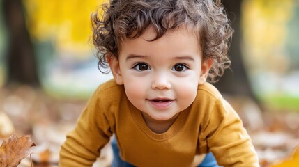 Fototapeta premium Cheerful child playing in autumn leaves outdoors.