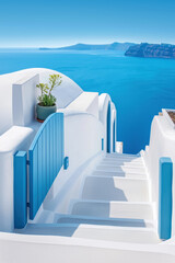 Obraz premium Traditional white stairs and blue door in Oia Santorini overlooking the Aegean Sea, iconic Greek island architecture and summer travel destination photography.