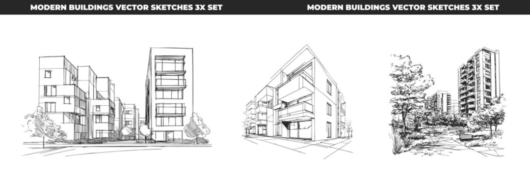 Modern Buildings Vector Sketches 3x Set