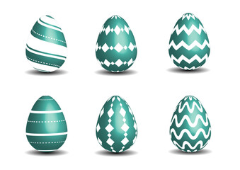 Set of six decorative Easter eggs with green and white patterns. Festive vector illustration perfect for Easter celebrations, greeting cards, posters, and digital designs