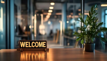A photograph depicts the word "WELCOME" in bold letters at the top, placed on an office desk with modern decor and glass walls. 