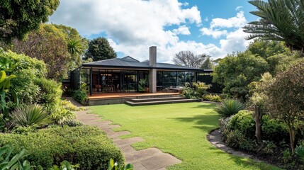 Fototapeta premium A contemporary bungalow with a blend of concrete and glass elements, spacious open-plan design, and stylish landscaping.