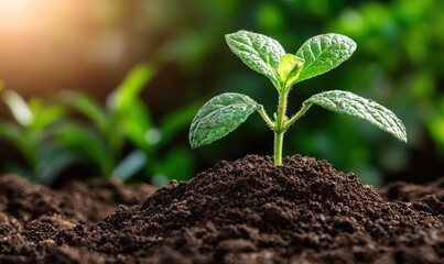 Green sprout emerges from fertile soil, bathed in sunlight, against a verdant foliage backdrop. Life's start