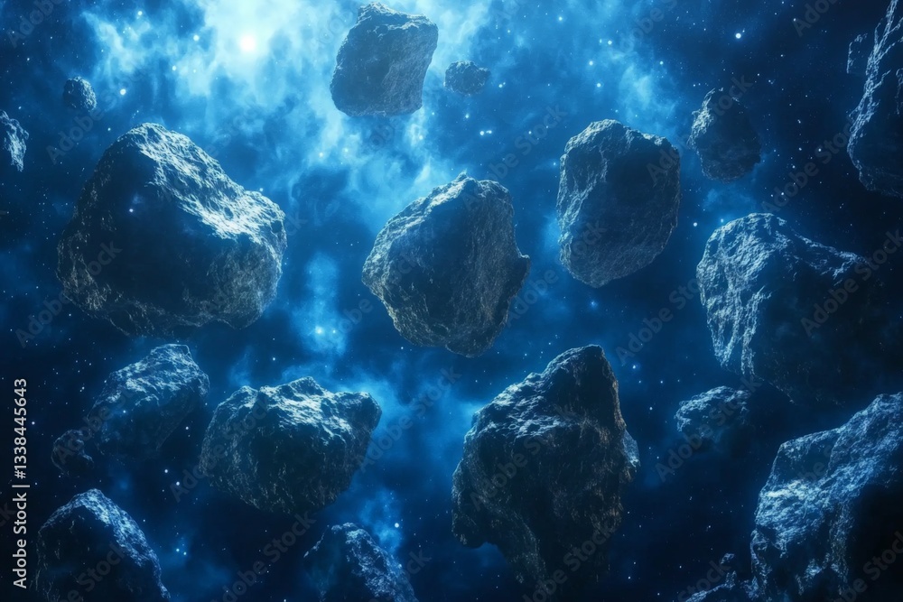 Fototapete asteroids floating in a cosmic landscape illuminated by distant starlight in deep space