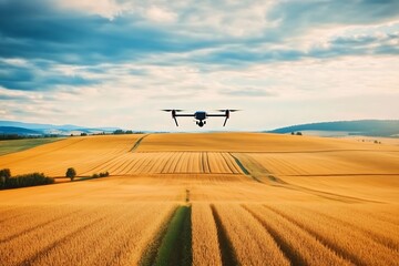 Obraz premium Drone flying over a lush yellow agricultural field during bright daylight in a rural landscape 