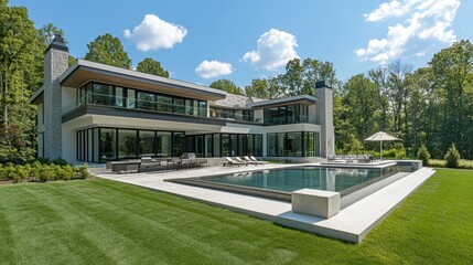 A contemporary flat-roof mansion with an expansive backyard, featuring an infinity pool and sleek architectural lines.