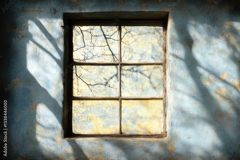 Poster rustic window frame on textured blue wall casting shadow of tree branches creating a vintage aesthet