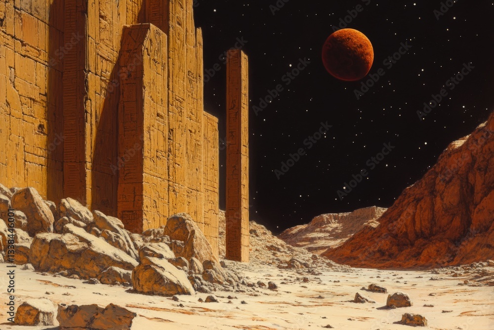Aufkleber mysterious ancient ruins on a distant planet under a starry sky with a red moon in the background