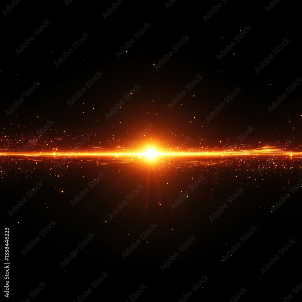 Poster radiant orange light explosion with sparkling particles on black background creating a dynamic visua