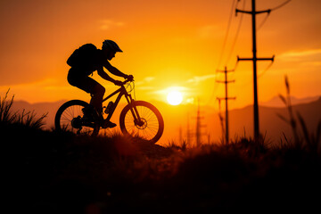 Obraz premium A cyclist captured in silhouette riding a mountain bike on a rugged path during golden hour.
