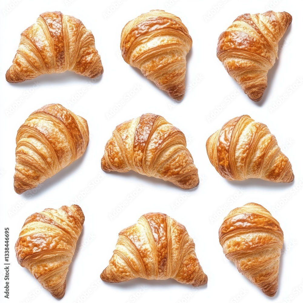 Poster golden croissants arranged in a grid pattern on a white background creating a visually appealing fre