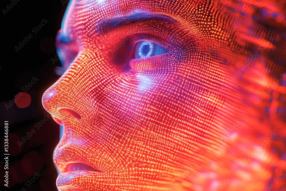 Poster innovative digital portrait showcasing vibrant colors and intricate patterns in a futuristic aesthet