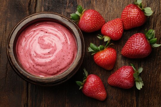 Delicious strawberry yogurt in wooden bowl with fresh strawberries on rustic wood table top view food photography