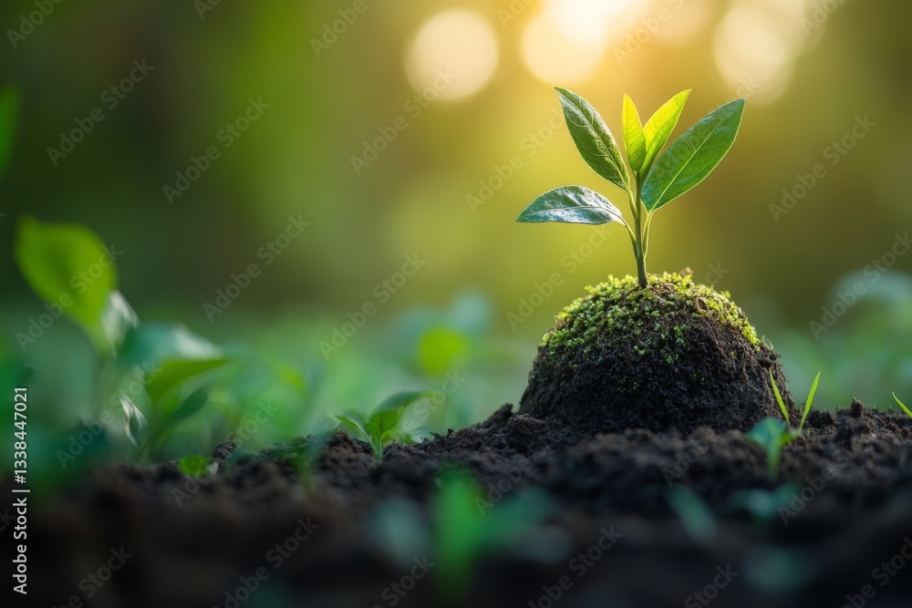 Aufkleber new plant sprout emerging from rich soil in a tranquil forest setting during sunrise with soft sunli