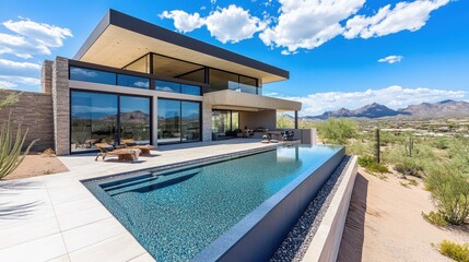 Fototapeta premium A contemporary home with a glass-walled infinity pool, scenic mountain views, and sophisticated exterior design.
