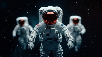 Three Astronauts with Reflective Visors Floating Through Dark Space Background