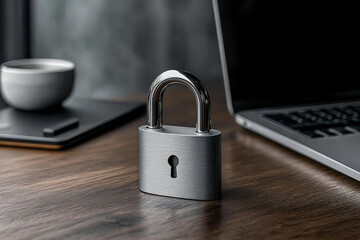 Fototapeta premium metal lock near laptop on table
