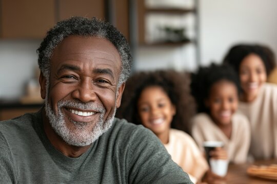 Happy grandfather enjoys quality time with grandchildren in a cozy indoor setting with smiles and warmth