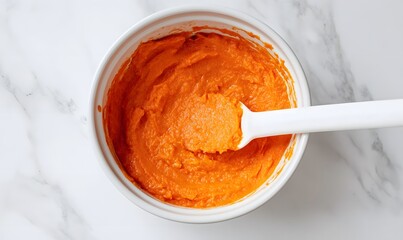  The sweet potato mixture is being spread evenly with a white spatula in a bowl, Generative AI