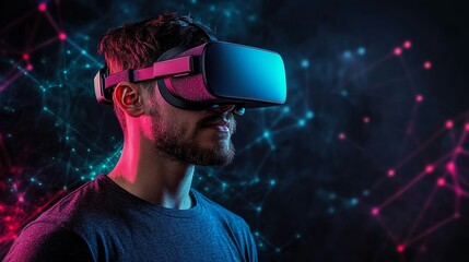Man Immersed in Virtual Reality Experience, Dynamic Lighting, Stunning Visuals, Advanced Technology