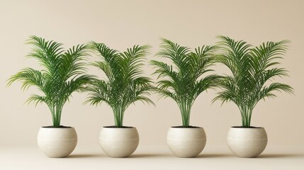 Four potted areca palm plants in a row against a beige wall creating a serene indoor atmosphere minimalist style home decor botanical theme
