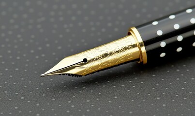 Intricate gold pen nib, atop a speckled surface. Focus on detail with polished writing tool and black & white polka dot pattern