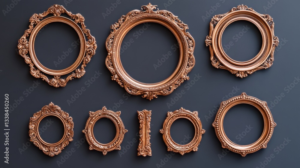 Aufkleber collection of ornate gilded frames on dark gray background creating elegant and luxurious visual tex
