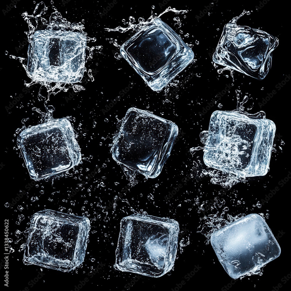 Poster captivating ice cubes suspended in time with water droplets against a stark black backdrop creating 