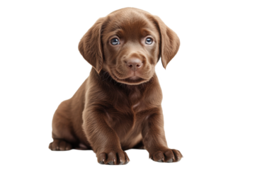 Sweet chocolate Labrador puppy sitting side on a soft light background perfect for pet adoption promotions and articles isolated on transparent background