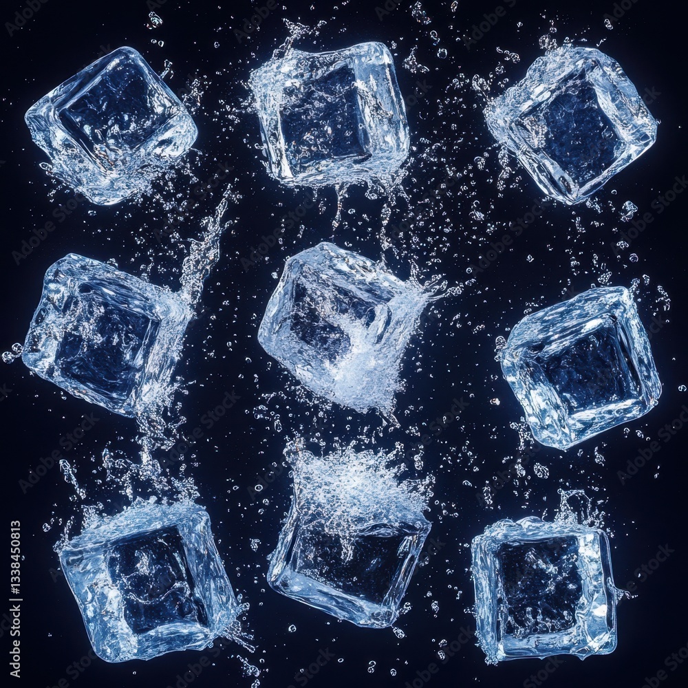 Poster ice cubes suspended in time with splashing water on dark backdrop capturing refreshment and purity i