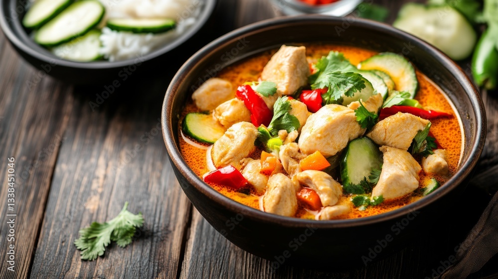 Poster a cozy setting featuring a serving of khao mok gai on a wooden table, adorned with colorful garnishe