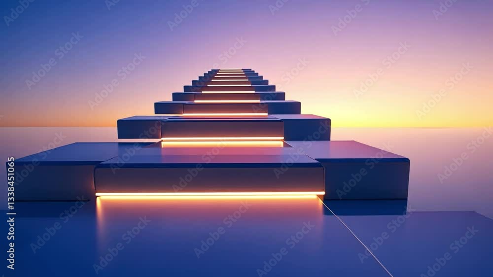 Poster modern illuminated staircase design serene perspective of futuristic architecture at sunset, creatin