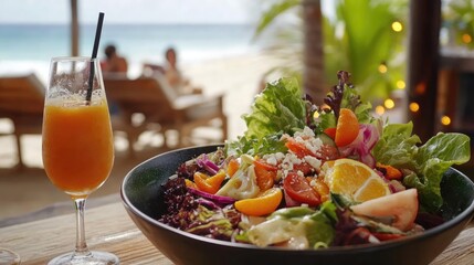 Healthy Salad and Orange Juice at Beachside Restaurant by the Sea. Beachside Dining and Fresh Food. Summer Meal. Vibrant Tropical Cuisine. Summertime Treat. Refreshing Lunch and Dinner. Delicious