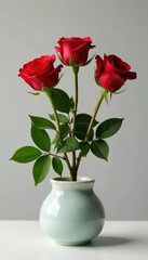 A few stems of fresh red roses in a small ceramic pot, vase, ceramic