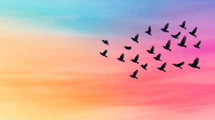 Obraz premium Silhouetted Birds Flying Against a Colorful Sunset Sky with Warm and Cool Tones