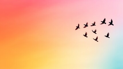 Fototapeta premium Birds Flying in Formation Against a Colorful Gradient Background at Dusk or Dawn