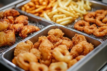 Fried snacks on metal trays, including fries, wings, and onion rings. Showcase fast food options for menu or advertising needs.