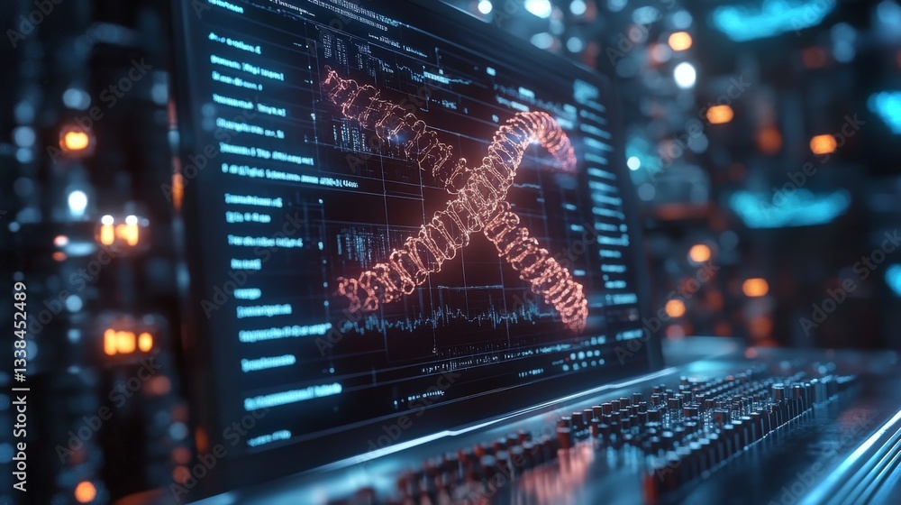 Fototapete A digital display showcases quantum computing concepts including qubits, superposition, and entanglement. The interface highlights secure encryption protocols and eavesdropping prevention methods.