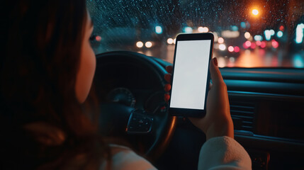 A woman is driving a car and holding a cell phone. Concept of distraction and potential danger, as using a phone while driving can lead to accidents