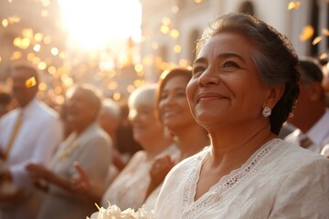 Naklejka premium Joyful celebration in a sunlit street filled with friends, family, and golden flower petals