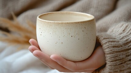 Ceramic white cup Mock-up template in modern minimalist aesthetic. Organic template for product showcase with copy space. Bohemian stationery for local business with place for text.