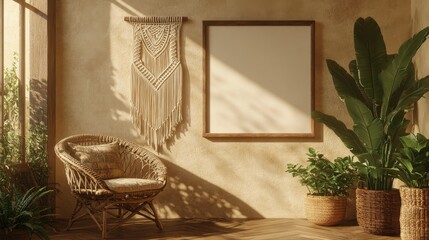 Cozy indoor corner featuring natural decor and sunlight reflecting on textured wall in a serene environment