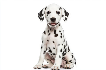 Cute Dalmatian Puppy Sitting and Looking at Camera on White Background